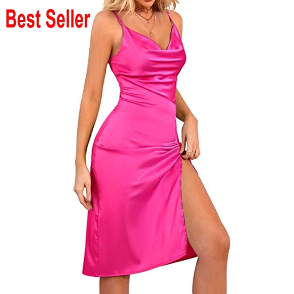 Satin Strappy Cami Midi Dress Elegant Cocktail Party Wear Adjustable Spaghetti - Picture 4 of 7